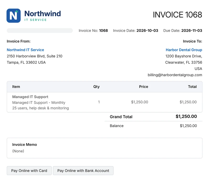 Branded customer invoice from Northwind IT Service with Pay Online with Card and Bank Account buttons