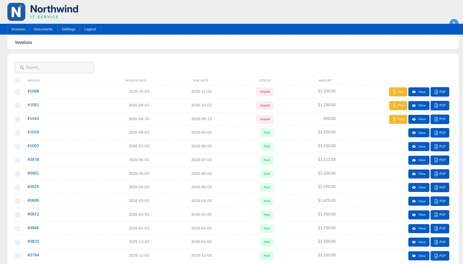 Northwind IT Service customer portal on its own domain, listing invoices with Paid and Unpaid status and Pay, View and PDF buttons