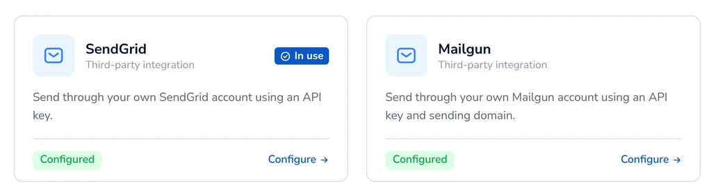 Email settings with SendGrid, Mailgun, SMTP2GO and AWS SES providers