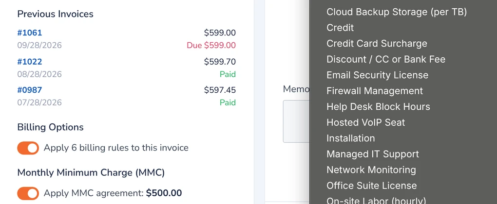 Kwiqli invoice editor showing billing options and the product and service list