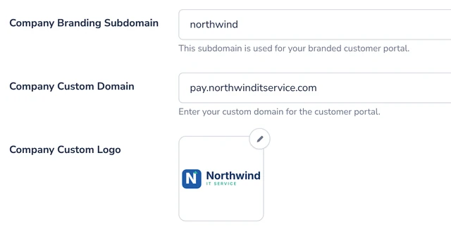 Company Settings: branding subdomain, custom portal domain and custom logo